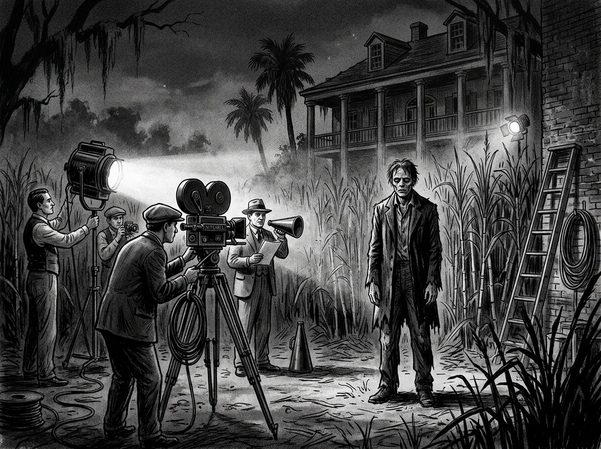 Black-and-white early zombie cinema scene inspired by 1930s horror atmosphere