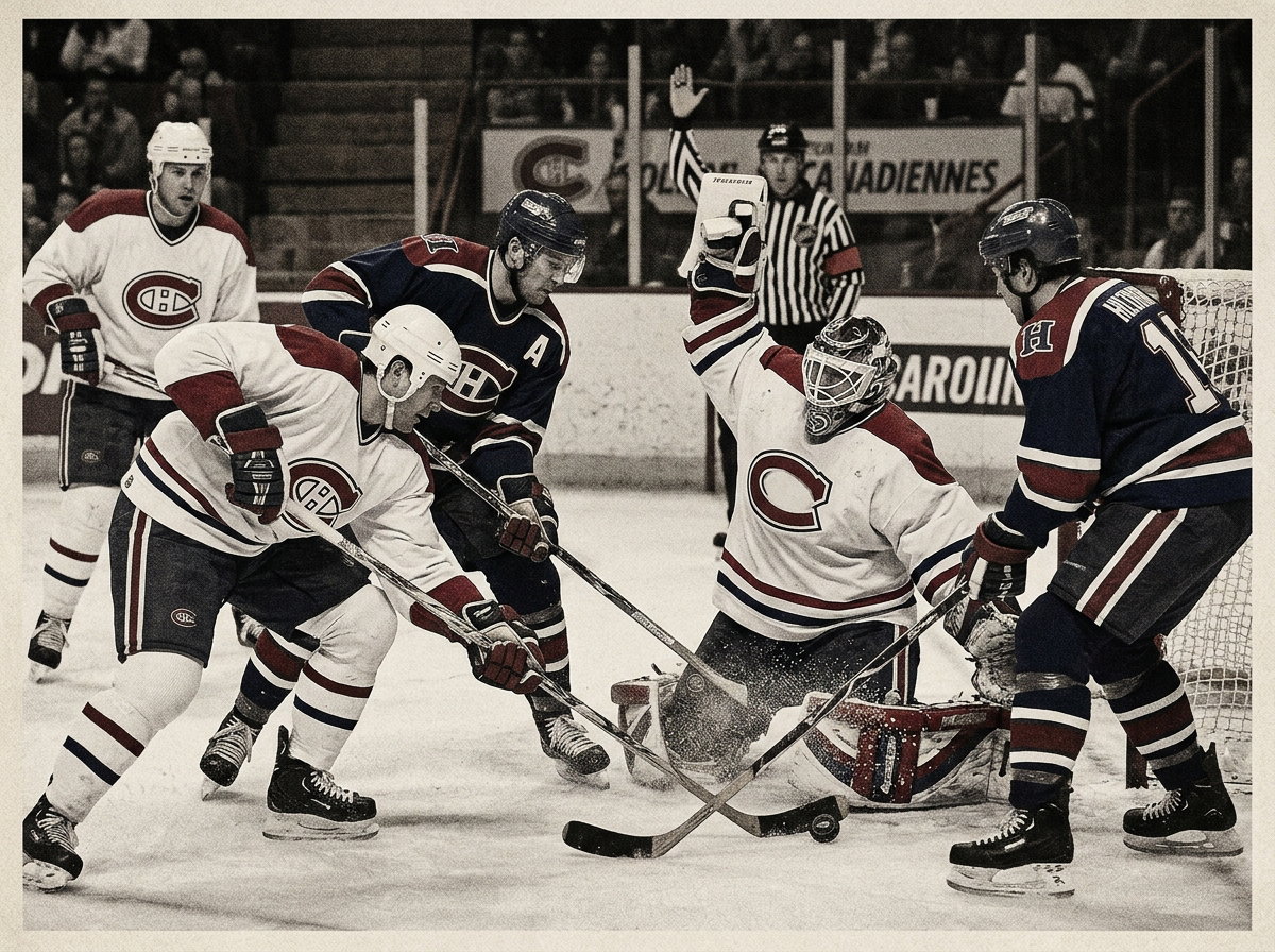 Vintage-style hockey illustration evoking early 2000s Montreal and Carolina playoff battles