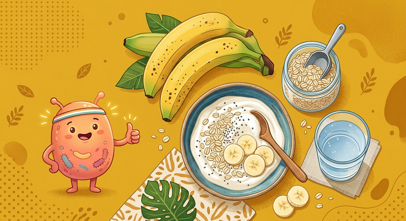 Bananas, oats, yogurt, water, and a happy gut mascot in a bright flat-lay illustration