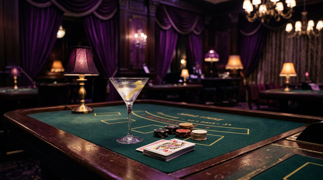 A photorealistic purple-lit casino table with cards, chips, and a martini glass