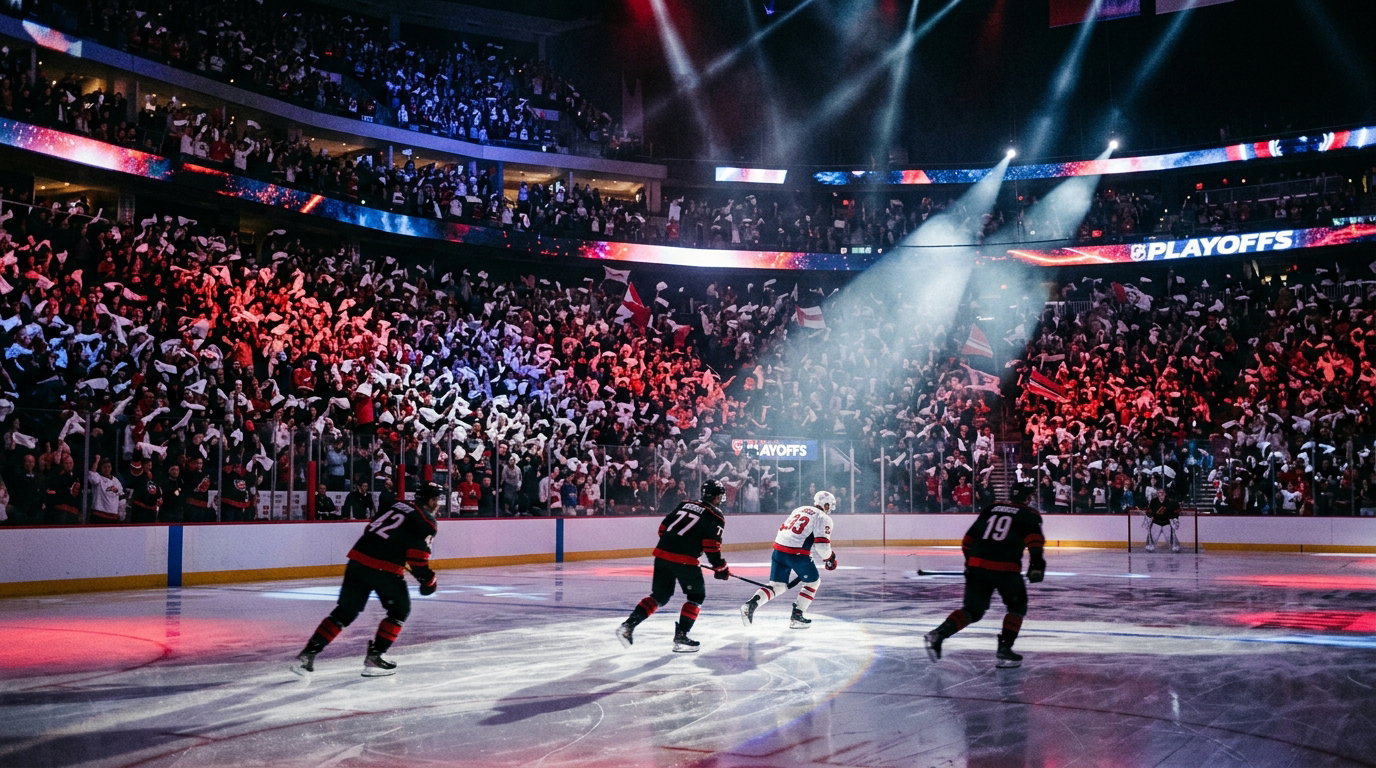 Modern playoff arena scene with anonymous hockey players racing through a dramatic red blue and black atmosphere