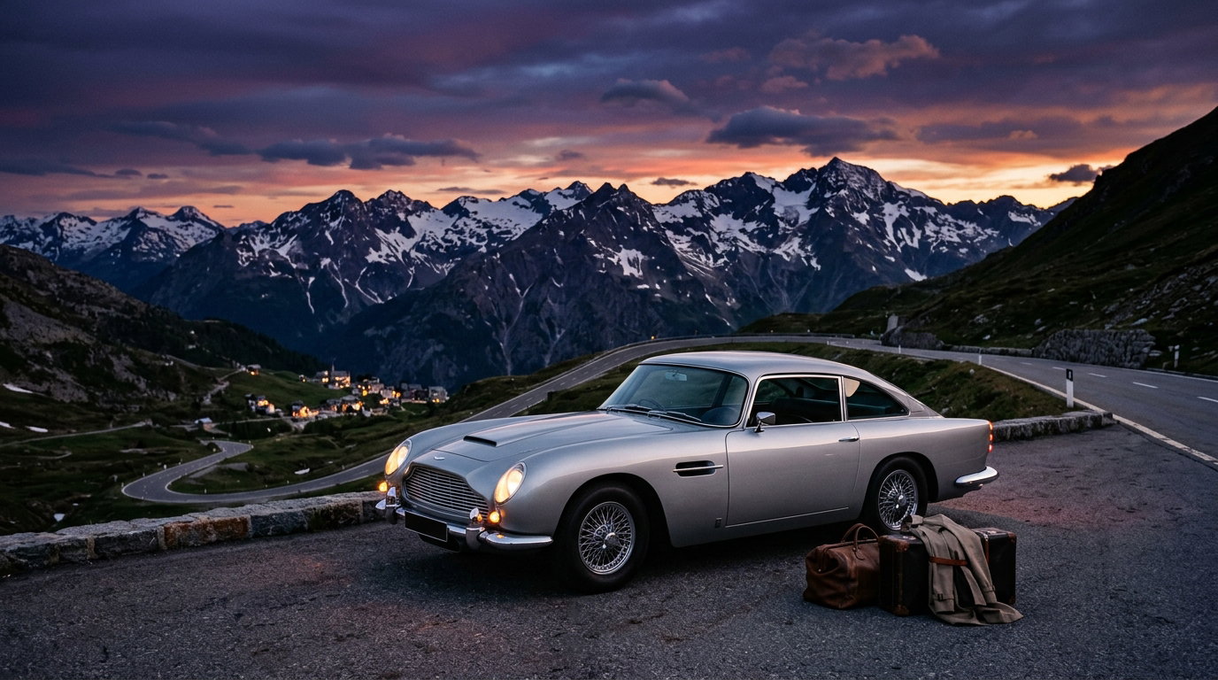 A photorealistic silver vintage grand touring car on an alpine road under a purple sunset