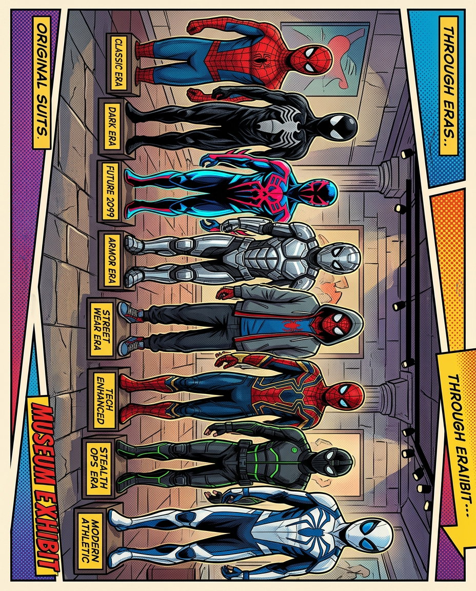 Comic-style museum wall of web-slinger inspired suit designs across decades