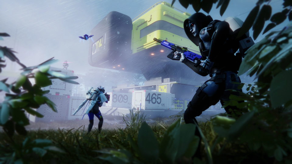 A futuristic Marathon character aiming a sci-fi rifle
