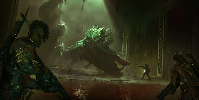 A lone Turok: Origins warrior surrounded by dinosaurs in a purple jungle