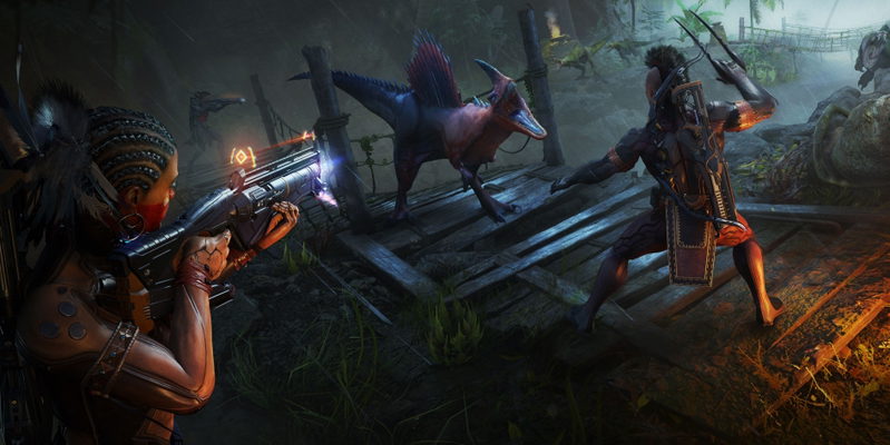 A Turok: Origins character aiming a heavy weapon in a chaotic combat encounter