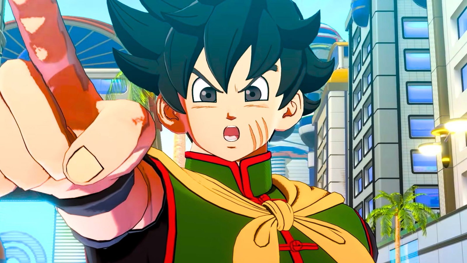 A Dragon Ball Xenoverse 3 character launching toward the camera in West City