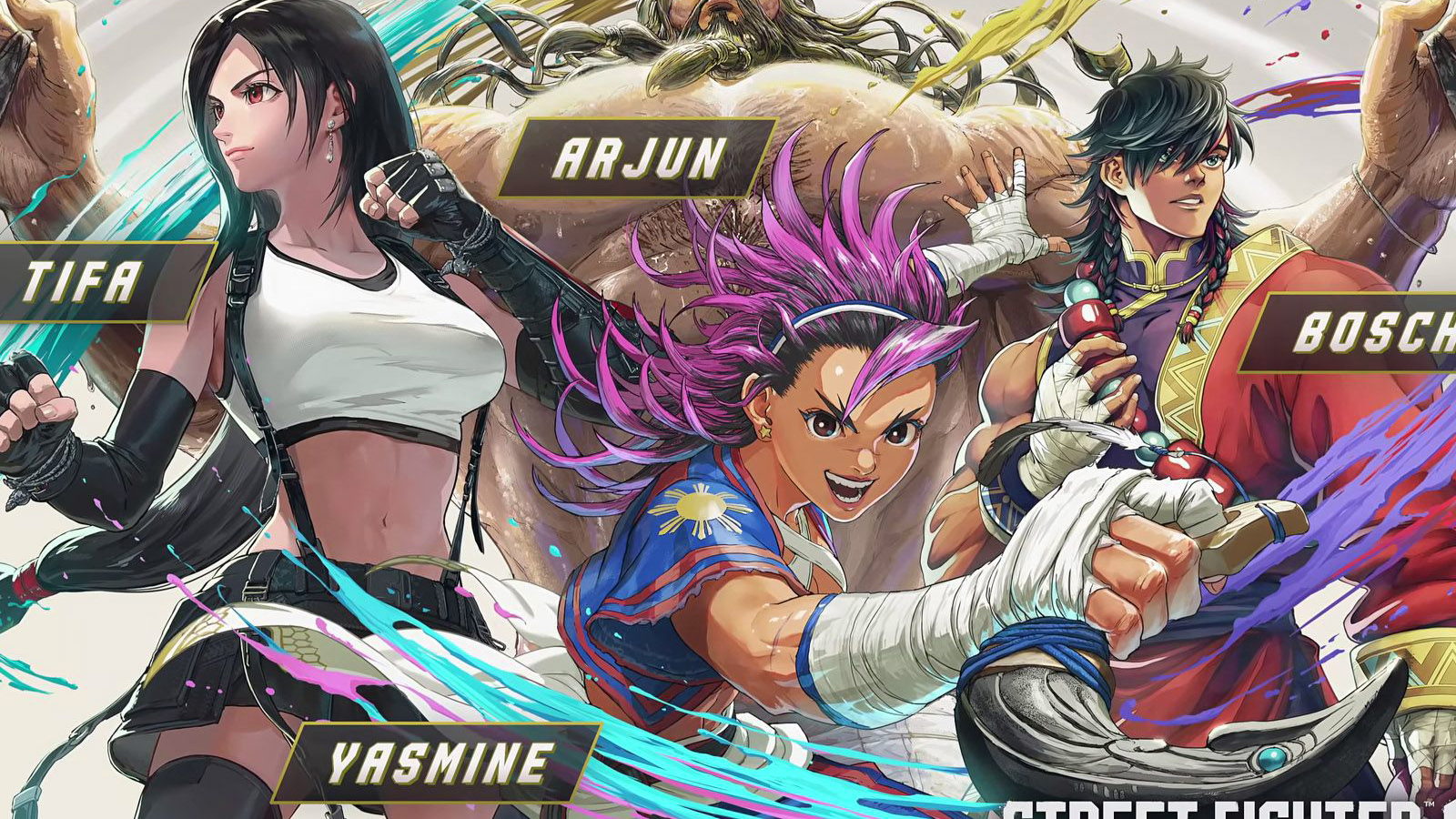 Street Fighter 6 Year 4 key art showing Tifa, Yasmine, Arjun and Bosch