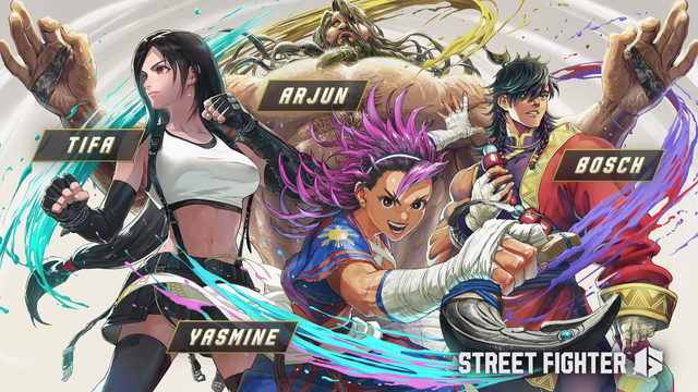 Street Fighter 6 Year 4 roster artwork with Tifa, Arjun, Yasmine, and Bosch