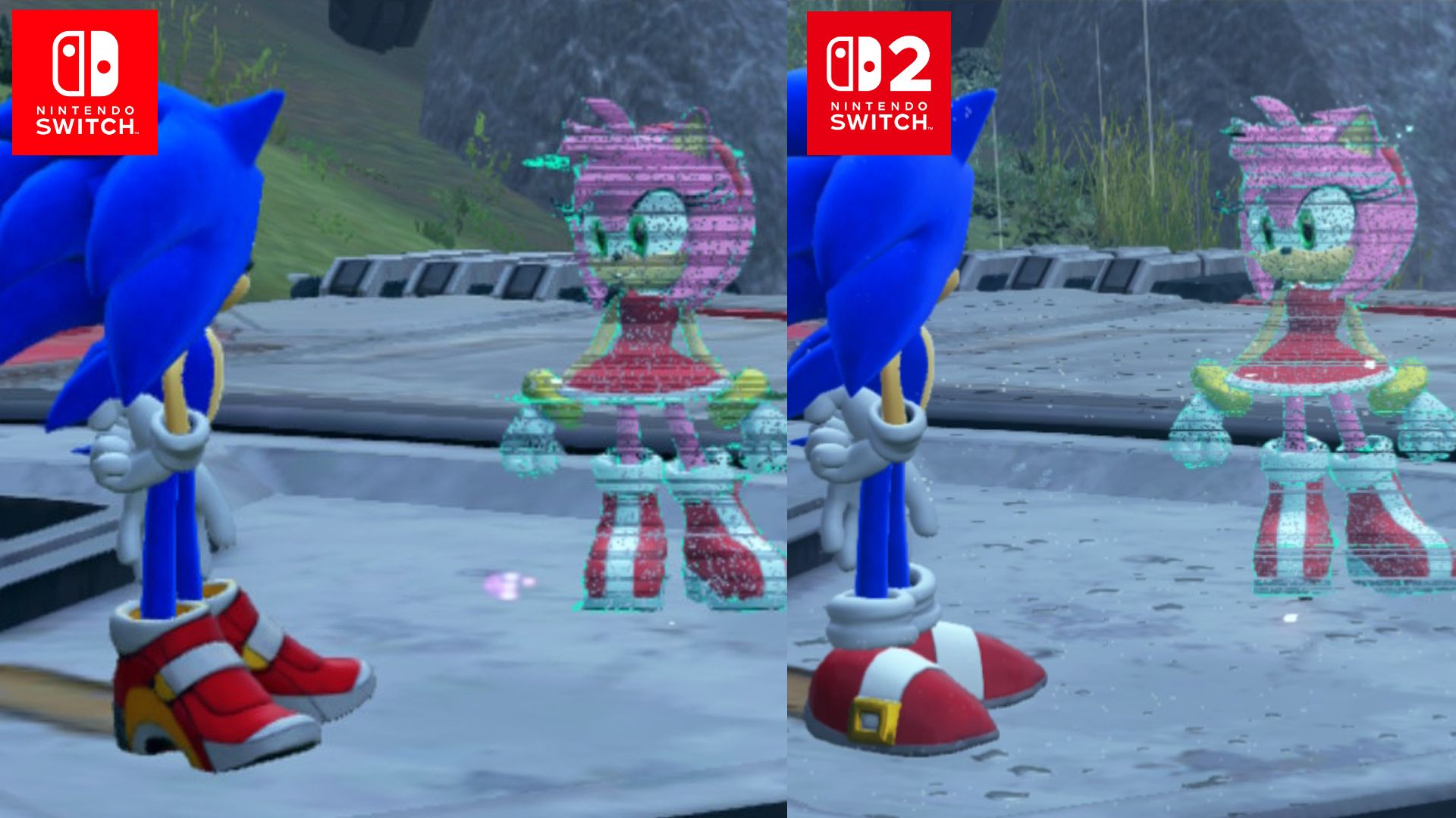 Side-by-side Sonic Frontiers screenshot comparing Nintendo Switch and Nintendo Switch 2, with Sonic facing a holographic Amy Rose in a rainy scene.